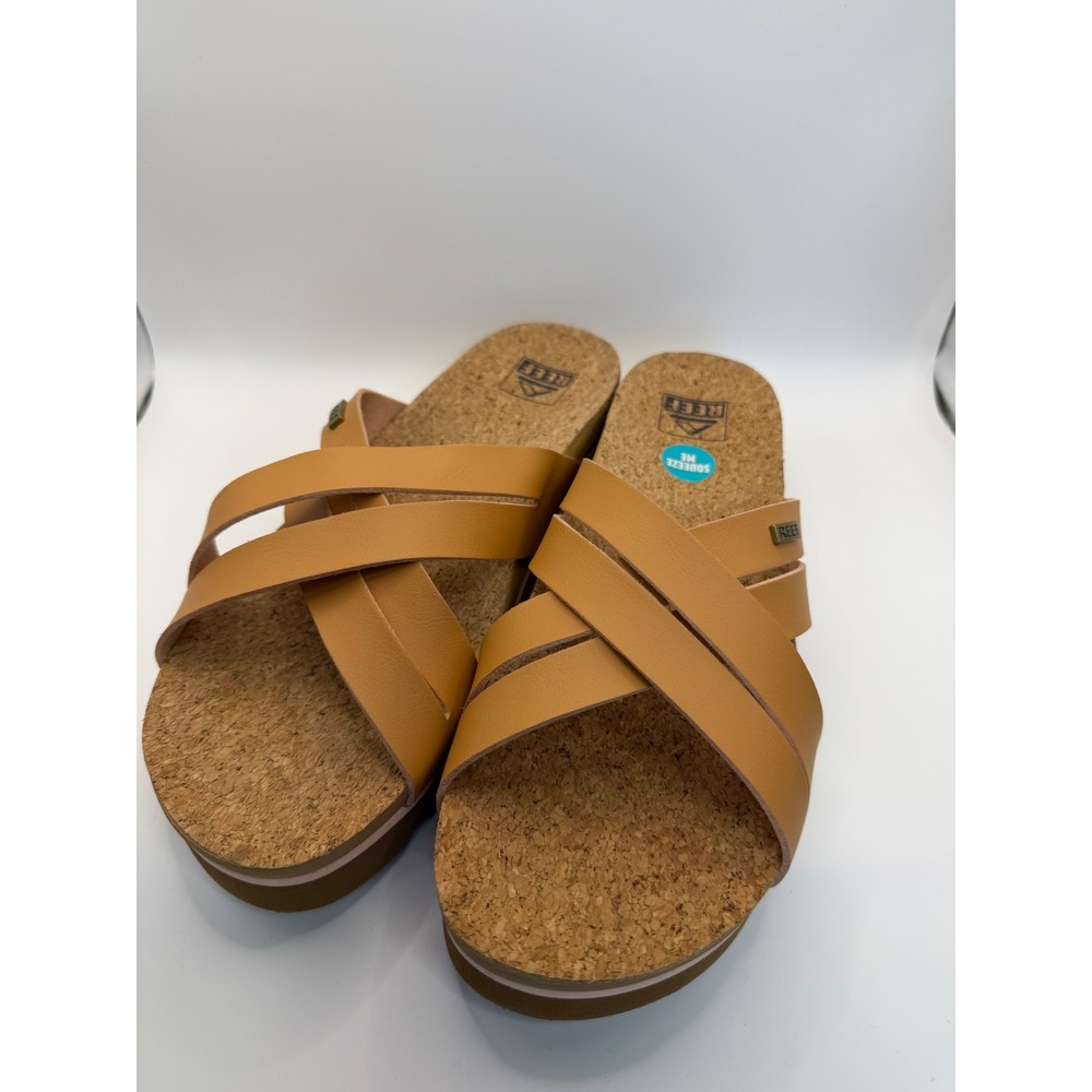 Reef Vista Hi Tan Vegan Leather Platform Sandals Cork Footbed Slides Women 9